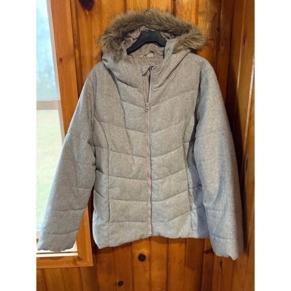 Gap Gray Quilted Puffer Jacket with Faux Fur Hood Winter Coat size XL‎